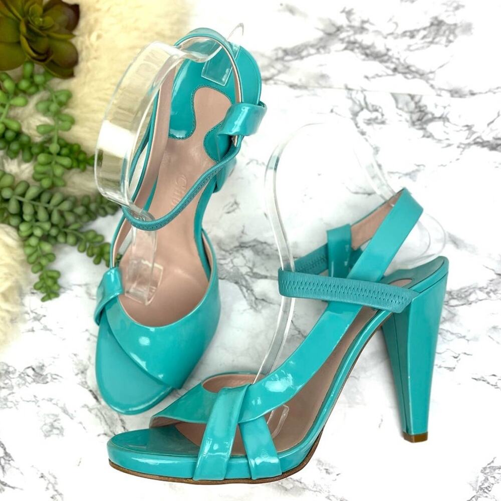 Chloe Teal Blue Green Patent Leather Strappy Open Toe Heels Size 41